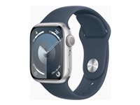 Apple Watch Series 9 (GPS) - 41 mm - sølvaluminium - smartklokke med sportsbånd - fluorelastomer - stormblå - båndbredde: M/L - 64 GB - Wi-Fi, Bluetooth, UWB - 31.9 g MR913DH/A