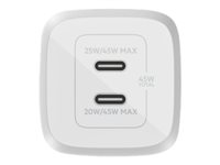 Belkin BoostCharge Pro GaN - Strømadapter - PPS- og GaN-teknologi - 45 watt - Fast Charge, PD 3.0 - 2 utgangskontakter (2 x USB-C) - hvit WCH011VFWH