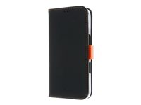 Insmat Exclusive - Lommebok for mobiltelefon - ekte skinn, kartong+papir+aluminiumsfolie, polykarbonat (PC), bomullssting - svart / oransje - for Apple iPhone 16 650-3286