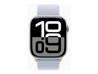 Apple Watch Series 10 (GPS + Cellular) - 46 mm - sølvaluminium - smartklokke med sportssløyfe - myk dobbeltlagsnylon - blå sky - håndleddstørrelse: 130-200 mm - 64 GB - LTE, Wi-Fi 4, UWB, Bluetooth - 4G - 35.3 g MWY23QN/A