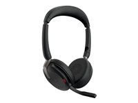 Jabra Evolve2 65 Flex UC Stereo - Hodesett - on-ear - Bluetooth - trådløs - aktiv støydemping - USB-C - svart - med trådløs ladepute - Optimert for UC 26699-989-889