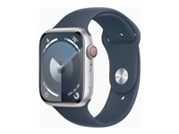 Apple Watch Series 9 (GPS + Cellular) - 45 mm - sølvaluminium - smartklokke med sportsbånd - fluorelastomer - stormblå - båndbredde: M/L - 64 GB - Wi-Fi, Bluetooth, UWB, LTE - 4G - 39 g MRMH3DH/A