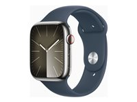 Apple Watch Series 9 (GPS + Cellular) - 45 mm - sølv rustfritt stål - smartklokke med sportsbånd - fluorelastomer - stormblå - båndbredde: S/M - 64 GB - Wi-Fi, Bluetooth, UWB, LTE - 4G - 51.5 g MRMN3DH/A