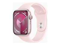 Apple Watch Series 9 (GPS) - 45 mm - rosa aluminium - smartklokke med sportsbånd - fluorelastomer - lys rosa - båndbredde: M/L - 64 GB - Wi-Fi, Bluetooth, UWB - 38.7 g MR9H3DH/A