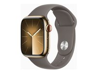 Apple Watch Series 9 (GPS + Cellular) - 41 mm - gyllen rustfritt stål - smartklokke med sportsbånd - fluorelastomer - leire - båndbredde: M/L - 64 GB - Wi-Fi, Bluetooth, UWB, LTE - 4G - 42.3 g MRJ63DH/A