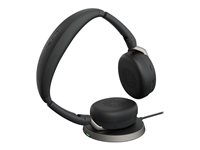 Jabra Evolve2 65 Flex UC Stereo - Hodesett - on-ear - Bluetooth - trådløs - aktiv støydemping - USB-A - svart - med trådløs ladepute - Optimert for UC 26699-989-989