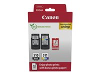 Canon PG-510/CL-511 Photo Paper Value Pack - 2-pack - svart, farge (cyan, magenta, gul) - original - hengeboks - blekkpatron/papirsett - for PIXMA iP2700, MP230, MP252, MP272, MP280, MP282, MP492, MP495, MP499, MX360, MX410, MX420 2970B017